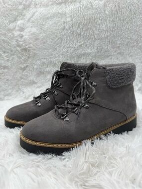 Sonoma Ankle Booties Gray Faux Suede Fur Hiker Boots Lace-Up